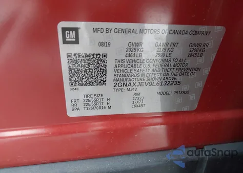 2020 Chevrolet Equinox Fwd 2Fl from USA, damaged, VIN 2GNAXJEV9L6132235